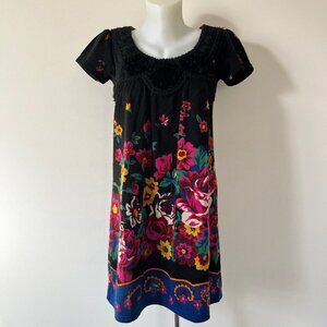 Yumi Kim Mini Dress Wool  Blend Mexican Floral Colorful Crochet Applique Sz S/M